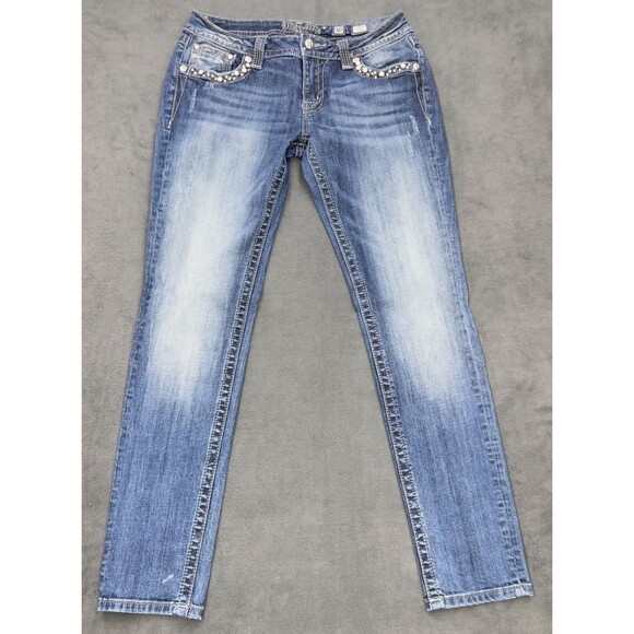 Miss Me Denim - Miss Me Signature Skinny Jeans Womens 30 Blue Distressed Pearl Rhinestone Flap